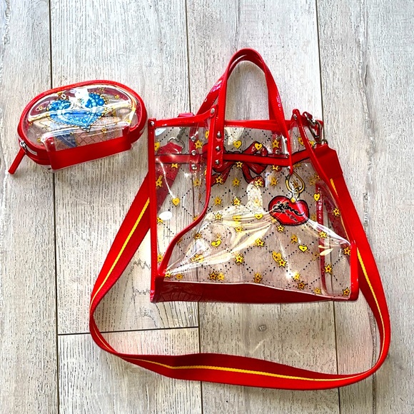 Brighton clear vintage tote combo bag red clear gold comes with makeup bag - Picture 2 of 13
